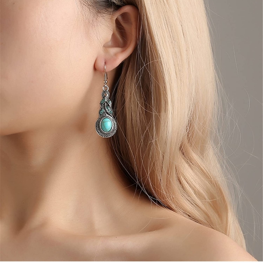 Blue Rhinestone Inlaid Turquoise Drop Earrings & Necklace Set Original Design - Picture 6 of 7